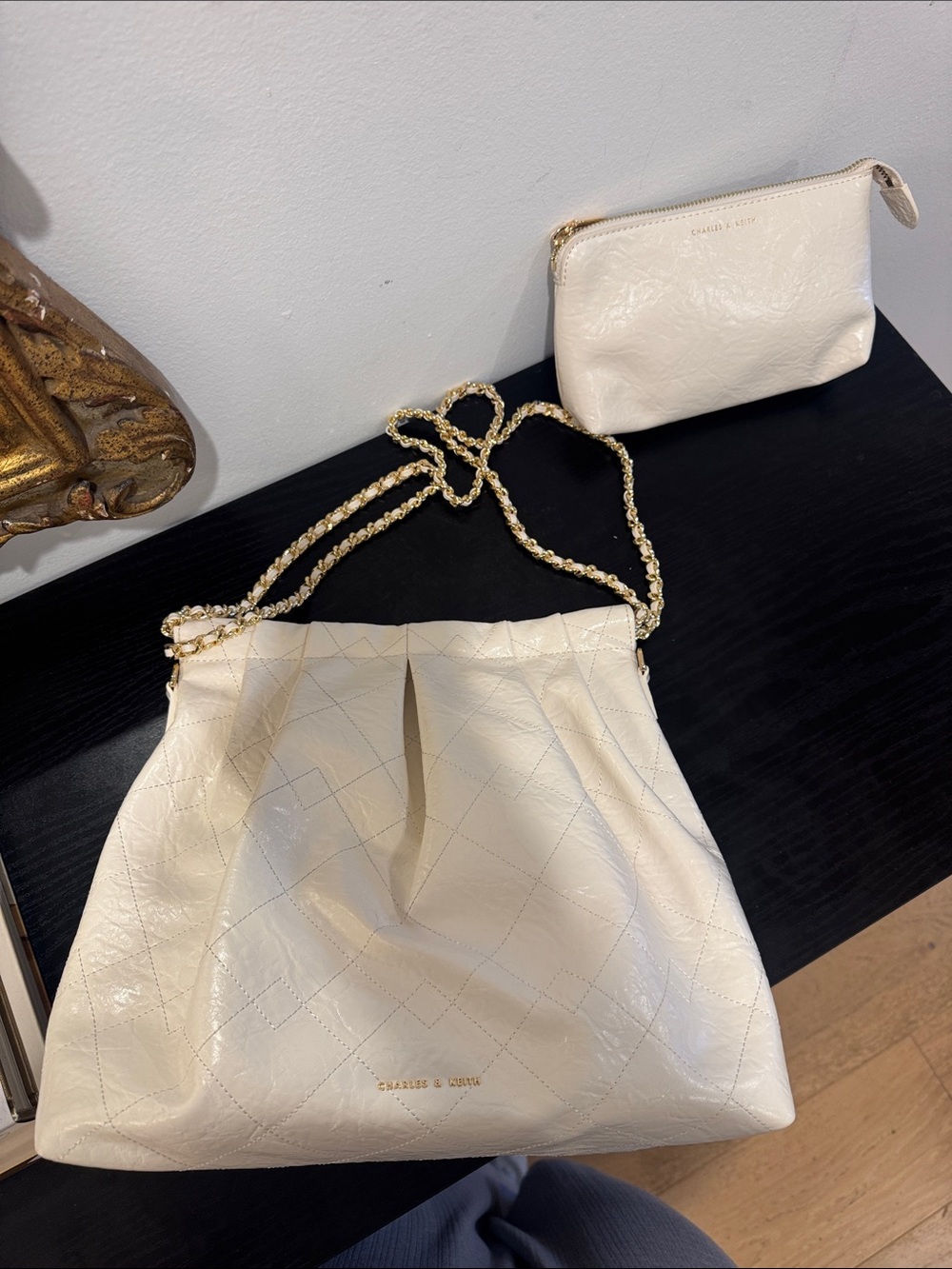 Charles & Keith Cream Quilted Shoulder Bag with Gold Chain and Pouch